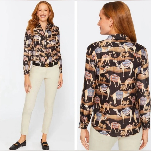 J. McLaughlin Darcey Silk Blend Button Front Blouse - Camel Print - Small - NWOT - Picture 2 of 13